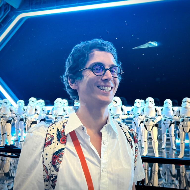 Photo of Nicolas Mourguye on board an Imperial cruiser with Storm Troopers lined up in the background @ Rise of the Resistance ride - Batuu 